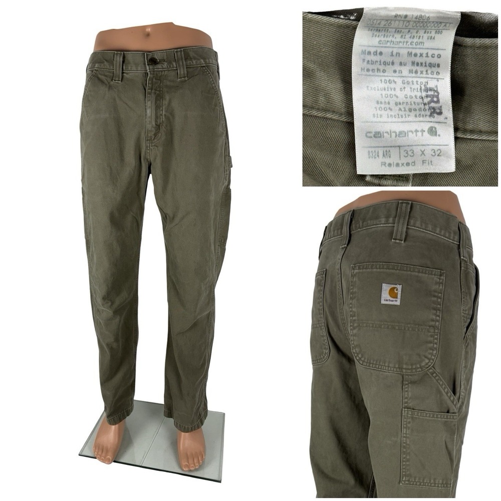 Carhartt Mens 33 x 32 Carpenter Pants Army Green Relaxed Fit B324 ARG Irregular